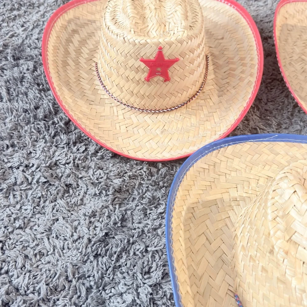 Set of 3 Straw Cowboy Hats for Kids - Sheriff Costume Red and Blue - Picture 4 of 10